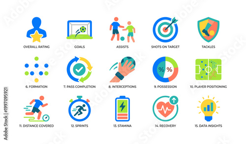Soccer player performance and statistics icons on white background