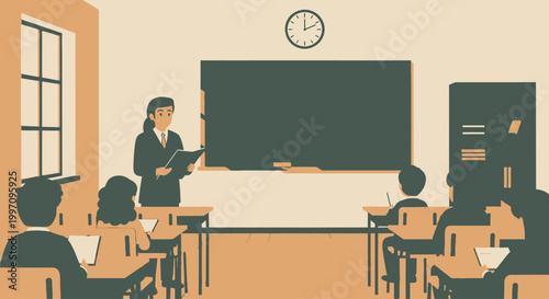 Teacher standing in front classroom.