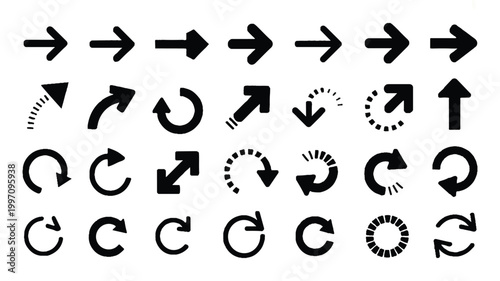 Collection of various black arrows on white background for design and navigation purposes