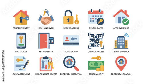Property access and rental icons showing entry on white background