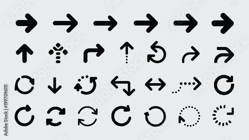 Collection of various black arrow icons on light gray background