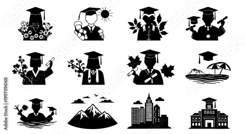 Silhouette graduation icons set featuring students in caps gowns seasonal motifs cityscapes and school building
