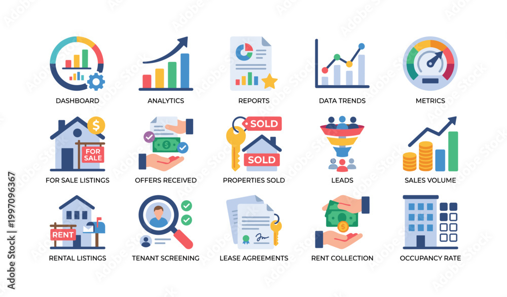 Fototapeta premium Real estate analytics and listing icons arranged on white field