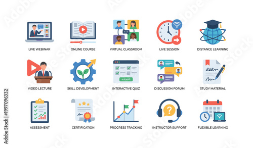 E-learning icons showing online education concepts on white background