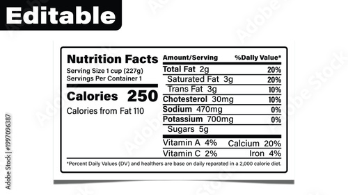 Nutrition facts label showing 250-calorie serving details for one cup