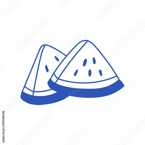 Cute illustration of two blue slices of watermelon. Doodle fruit icon. Summer line print. Isolated on white