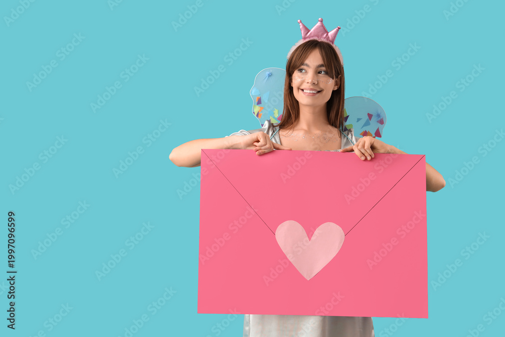 Fototapeta premium Young woman in fairy costume with big paper envelope on blue background