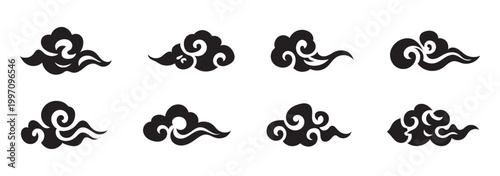 Chinese japanese cloud, asian japan clouds. Motif oriental style decoration, abstract simple black geometric graphic elements. Vector illustration.