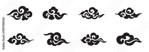 Chinese japanese cloud, asian japan clouds. Motif oriental style decoration, abstract simple black geometric graphic elements. Vector illustration.