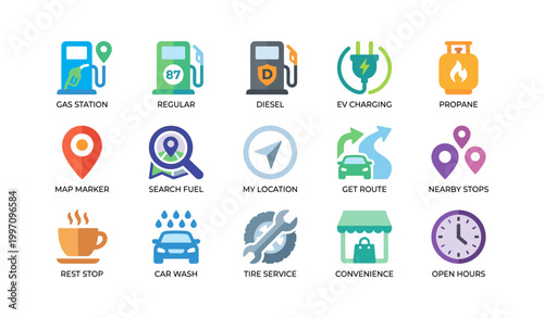 Fuel and station service icons arranged in grid on white background