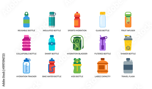 Various water bottle icons arranged in grid on white background