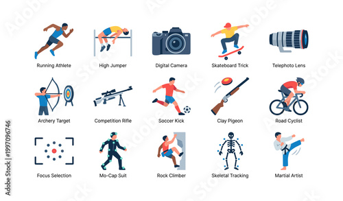 Sports icons illustrating athletic actions on white background