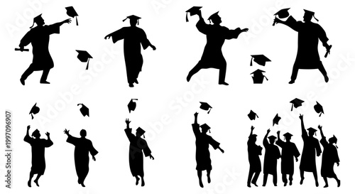 Silhouettes of graduating students wearing gowns and throwing caps celebrating their successful university graduation ceremony