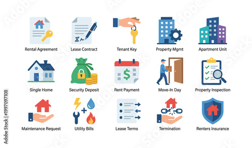 Property icons illustrating rental process and tenant services