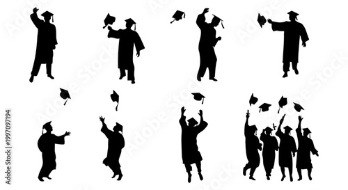 Black silhouettes of graduates in gowns throwing their caps in the air celebrating a university graduation