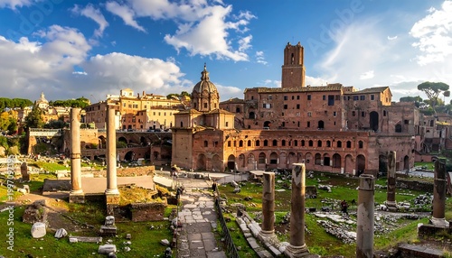 Expansive view of ancient ruins with tall columns, aged structures, and a domed church under a bright blue sky