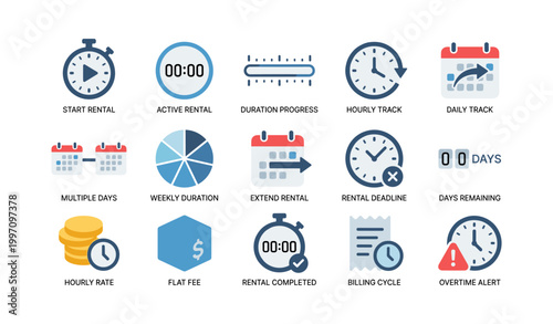 Rental and time tracking icons arranged on white background