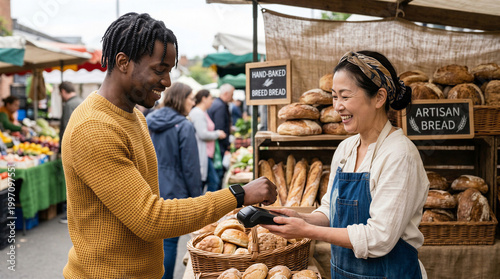 Customer making a contactless payment at a local artisanal bread market stall.