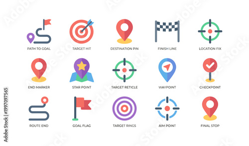 Map pins and target icons arranged in grid on white background