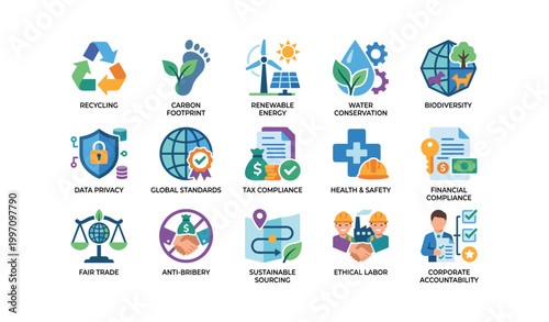 Environmental compliance icons arranged in grid on white background
