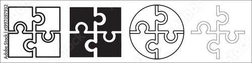 Four different puzzle piece collection icons isolated on white background for business strategy.