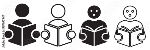 Set of four different reading people icons in flat and outline style on a white isolated background.