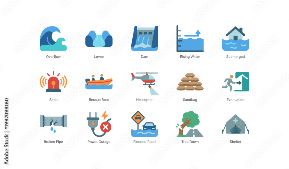 Obraz premium Flood hazard and emergency response icons on white background