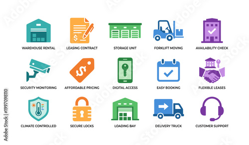 Storage and warehouse service icons showing features grid