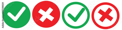 Check mark and cross signs in circle frames showing green and red colors for business assessment.