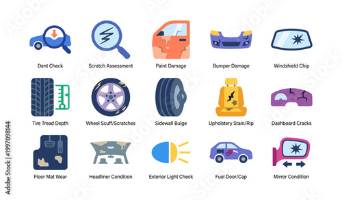 Vehicle inspection icons showing damage checks and condition