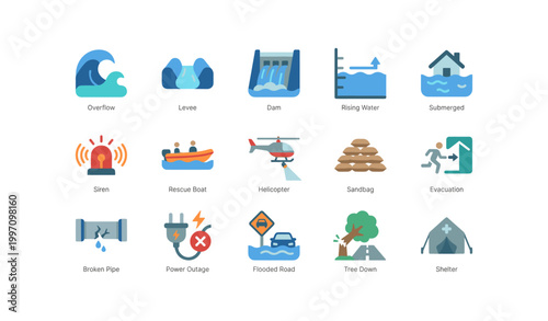 Flood hazard and emergency response icons on white background