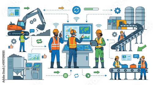 Industrial Operations and Diverse Workforce Management Vector Illustration Showing Mining and Manufacturing Processes