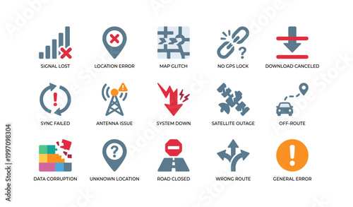 Navigation error icons arranged in grid on white background