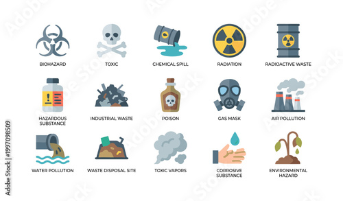 Hazard icons showing pollution and danger symbols on white