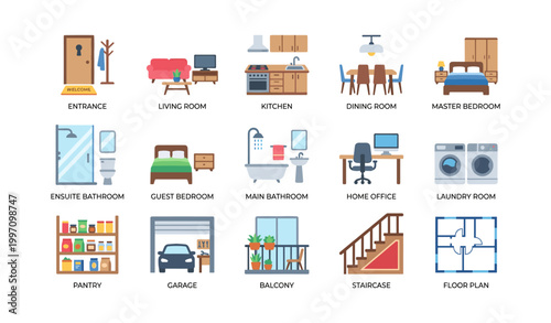 Home interior room icons arranged in grid on white background