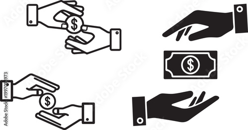 Illustrations of hands exchanging coins and banknotes, representing monetary transactions