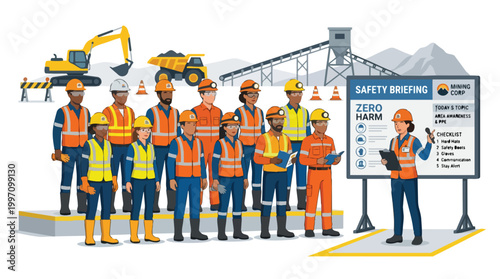 Mining Industry Safety Briefing Diverse Workers Team Construction Site Vector Illustration