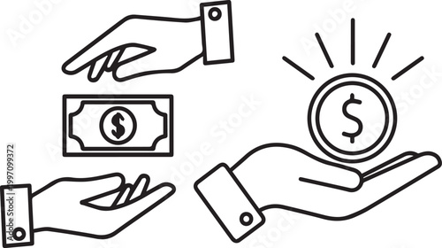 Two heart shaped handshake illustrations blue outline and solid red