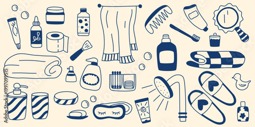 Set of hand-drawn accessories for bathing, hygiene and skincare. Bathroom elements, doodle style. Simple line drawings of products, packaging and hygiene items. Vector graphics
