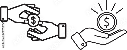 Business hands illustration one giving a coin other receiving a glowing coin business receiving
