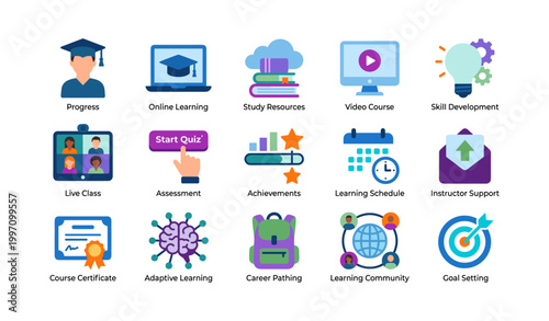 Education and learning icons showing courses schedules and support