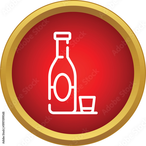 Bottle and shot glass outline icon representing alcohol or liquor in a red circle