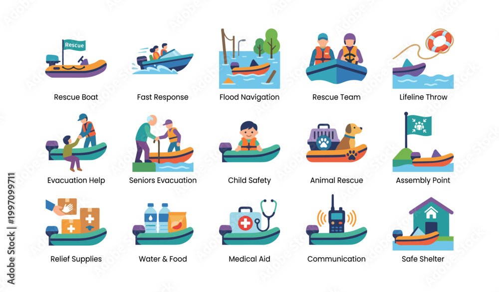 Fototapeta premium Flood and rescue icons showing boats and evacuation tools