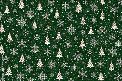 seamless christmas pattern with white trees and snowflakes on green background