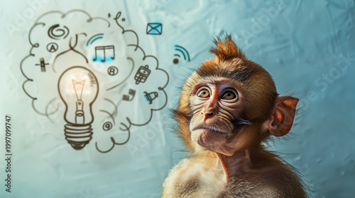 Clean gray backdrop primate closeup thinking confused ideas smoke tangled copyspace illustration