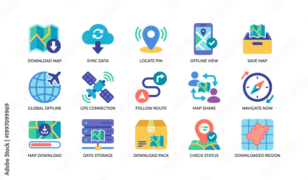 Fototapeta premium Map and navigation icons showing gps and download features on white