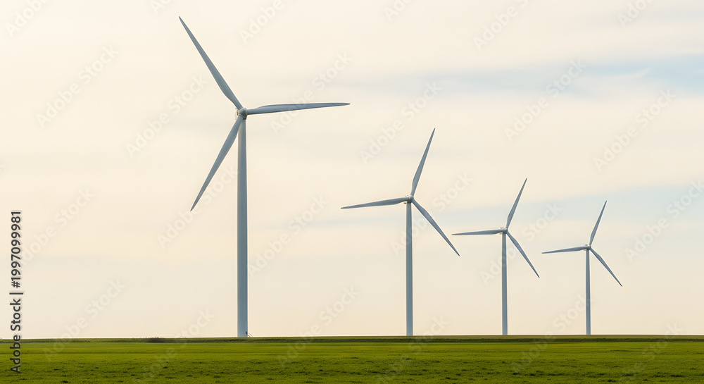 Fototapeta premium Modern Wind Turbines on Green Field at Sunset Sky