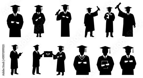 Celebrating academic achievement: A collection of diverse student graduation silhouettes, showcasing success, commencement ceremonies, and educational milestones for future endeavors and professional 