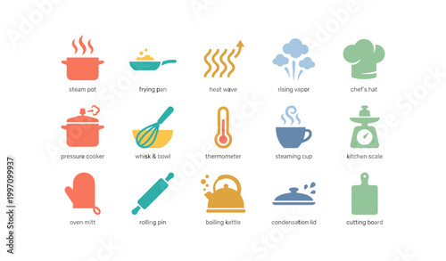 Kitchen and cooking icons showing utensils and appliances on white