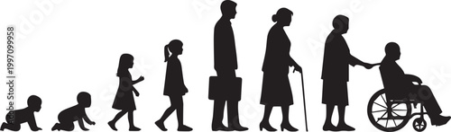 Stages of human life from infancy to old age and disability with elderly woman, elderly man